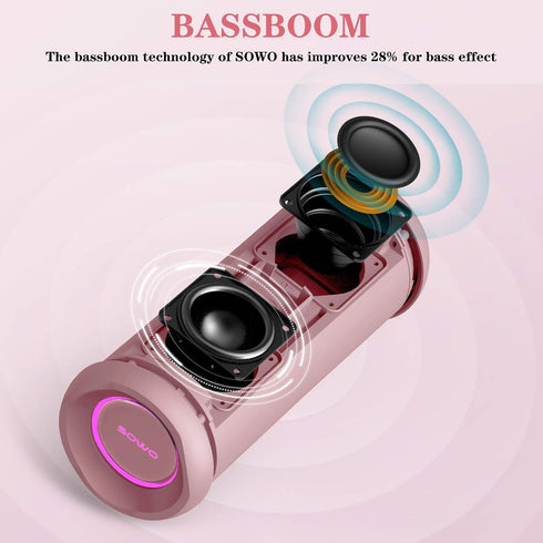 Outdoor Portable Bluetooth Speaker, Wireless IPX7 Waterproof, 25W Loud Sound, Bassboom Technology, 16H Playtime, Pink