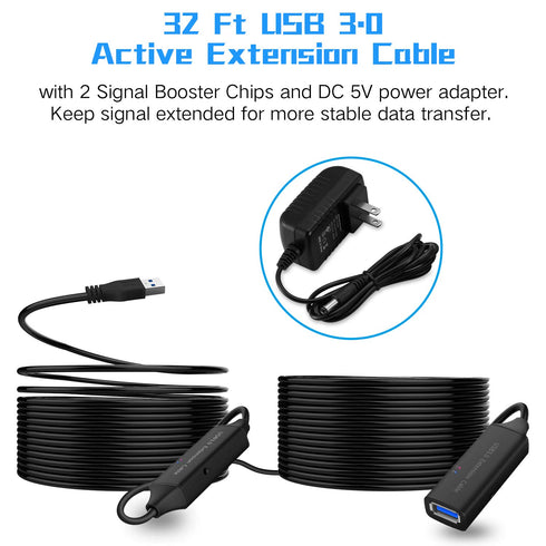 RSHTECH USB 3.0 Active Extension Cable 32 Feet with 5V 2A Power Adapter, Male to Female Cord with Signal Booster