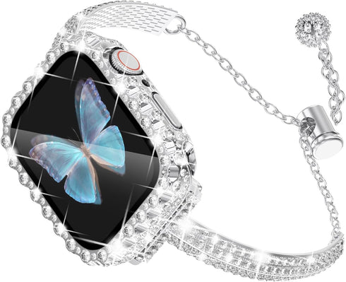 WINGLE Compatible with Apple Watch Bands 40mm for Women, Bling Diamond Slim Bracelet with Waterproof Bling Case