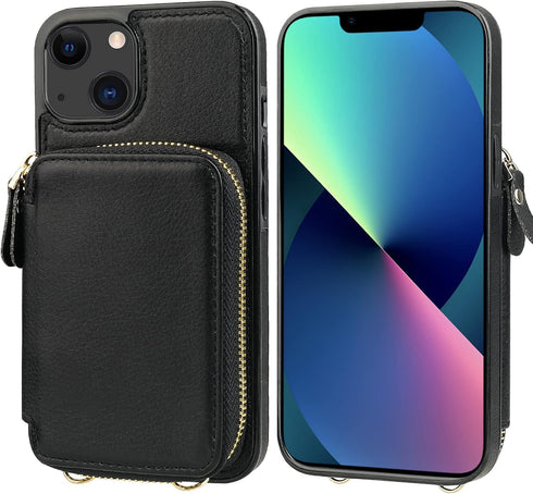 Bocasal RFID Blocking Wallet Case for iPhone 14/13, Adjustable Crossbody Zipper Purse with Kickstand