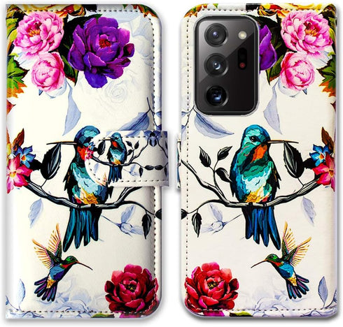 Case for Samsung Galaxy Note 20 Ultra 5G, Hummingbird in Flowers Leather Flip Wallet Cover with Card Slot
