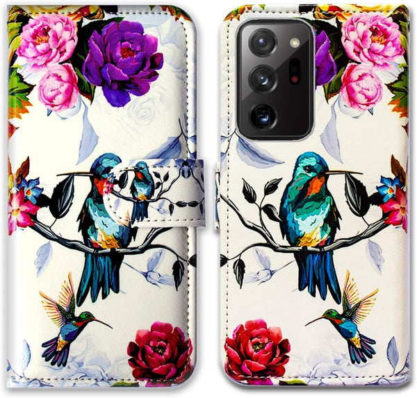 Case for Samsung Galaxy Note 20 Ultra 5G, Hummingbird in Flowers Leather Flip Wallet Cover with Card Slot