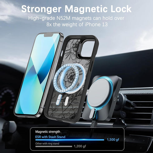 OOK Magnetic Case for iPhone 13 with Kickstand, Built-in Camera Stash Stand, Slim Translucent Matte Case, Black Floral