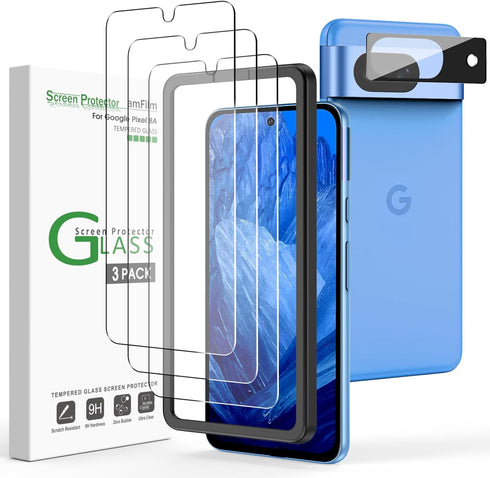 amFilm 3+1 Pack Tempered Glass Screen Protector for Google Pixel 8A, Bubble Free, Anti-Scratch, Case Friendly, Easy