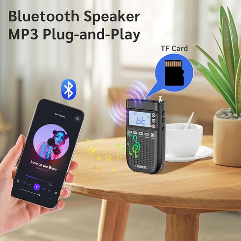 Newest PRUNUS Portable Radio AM FM to Bluetooth Earphone, Bluetooth Speaker, 2000mAh Rechargeable Radio, Preset, TF