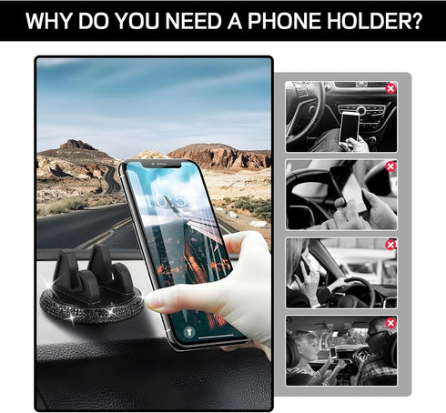 Hovom 360 Bling Car Phone Holder, Rhinestone Cell Phone Holder for Cars Dashboard, Adjustable Auto Dash Board Cellphone