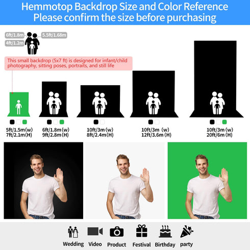 HEMMOTOP 5x7 Green Screen Backdrop, ft Photography Chroma Key Greenscreen Background Sheet for Background Removal, Zoom
