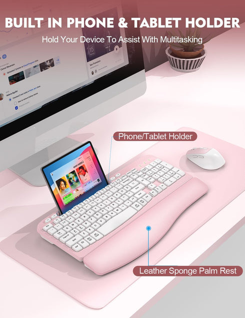 Wireless Keyboard and Mouse Combo, EAYBLLY Wave Keys Ergonomic Keyboard with Wrist Rest, 2.4GHz Set
