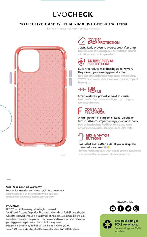 tech21 Evo Check Phone Case for Apple iPhone 11 Pro, 12 ft. Drop Protection, Coral