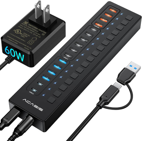 Powered USB 3.0 Hub, ACASIS 16 Port USB Hub with 60W Power Adapter, Wall Mount Support for PC and Laptop