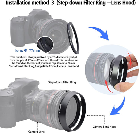 72mm Metal Lens Hood, Compatible with All Brands Lenses with 72mm Filter Thread + 72mm Lens Cap