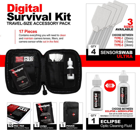 Photographic Solutions Digital Survival Kit - Camera Cleaning Kit with Sensor Swabs, Wipes, and Fluid