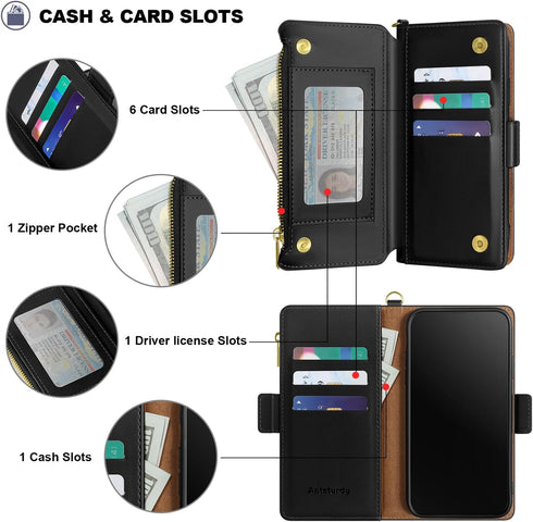 Antsturdy 15 15 6.1",(Black) Compatible with iPhone Wallet Case Card HolderRFID Blocking PU Leather Phone Case Women