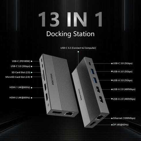 DIKEQINN 13-in-1 4K 100W 5Gbps USB C Docking Station: Triple Display, Power Delivery, Data Ports, SD/MicroSD Slot