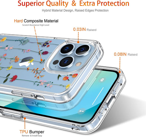 GiiKa iPhone 13 Pro Case with Screen Protector, 6.1 inch Clear Shockproof Floral Hard Case with TPU Bumper Cover,