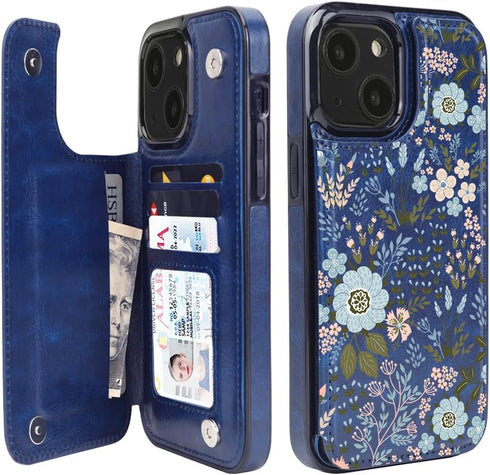 uCOLOR Wallet Case for iPhone 15 Plus 6.7" with Card Holder Slot, Flip PU Leather Kickstand, RFID Blocking, Navy Blue