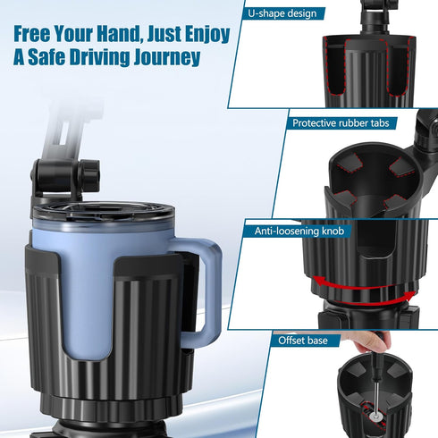 Cup Holder Phone Mount for Car, 2 in 1 Expandable Base, 360 Degree Rotating Neck, Fits 4-7” Smartphones