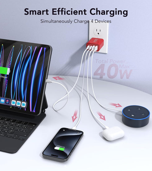 40W USB C Wall Charger, 2-Pack Super Fast Charging Block PD+QC 4 Port Charger Cube for iPad, iPhone, Switch, Smart