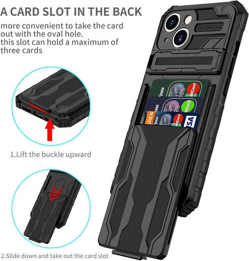iPhone 15 Black Case: Shockproof Wallet Cover with Card Holder, Kickstand & Screen Protectors for 6.1" Model.