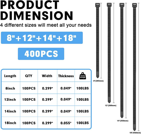 400 Pack (8+12+14+18Inch) 100lb Zip Ties Assorted Sizes, RAZCC Black Cable Ties, Self-Locking Plastic Wire Ties