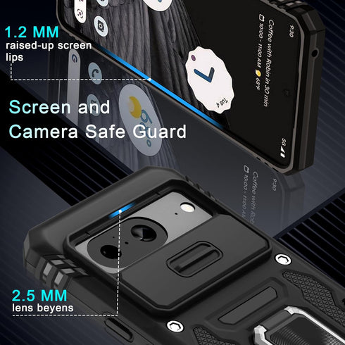 DEERLAMN Google Pixel 8 Case - Heavy Duty Black with Slide Camera Cover, Screen Protector & Rotated Ring Kickstand.
