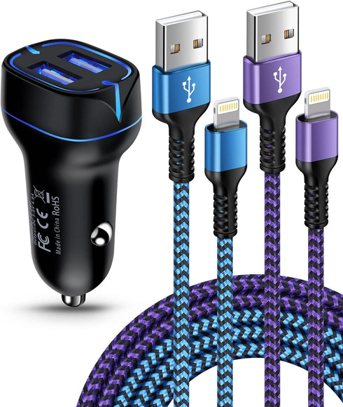 Phone Car Charger, Dual Port Cigarette Lighter Adapter + 2Pack-3FT Lightning Cables for Fast Charging iPhone 14 13