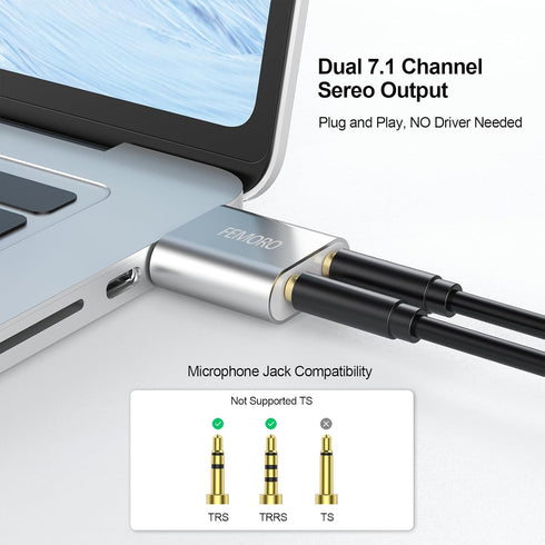 FEMORO USB Sound Card, USB to Audio Jack Adapter, 7.1 Channel External Stereo Sound Card for PC, Laptop, PS4