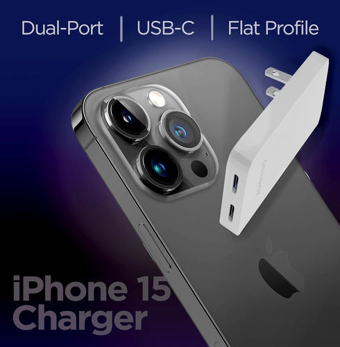 Flat 2-Port USB C Wall Charger, Ultra Slim Dual Power Adapter with Type-C Cable (20W) for Fast Charging iPhone 15, Pro