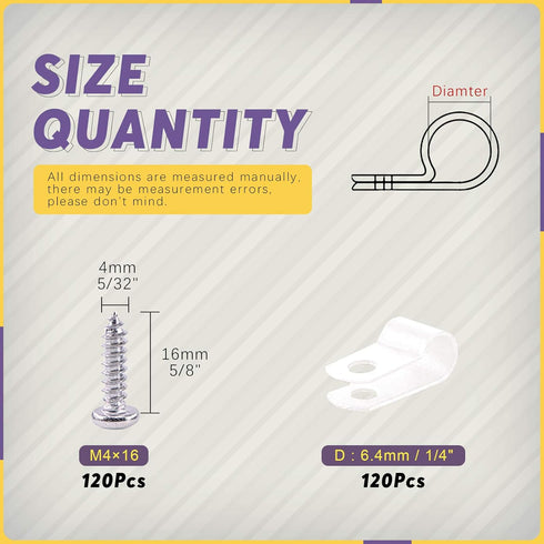 Swpeet 120 Pack White Nylon Plastic R-Type Cable Clips - 1/4 Inch Clamp Kit with 120 Screws for Wire Management