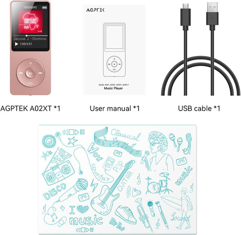 AGPTEK A02 MP3 5.3, 1.8 inch 128GB(Rose 32GB) Player with Bluetooth Screen Portable Music Player with Speaker, FM