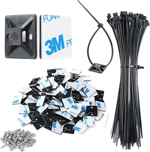 200pcs 3/4" 3M Back-Glue Self Adhesive Black Strong Cable Zip Tie Mounts with 8" Ties, Screws, UV Protection Outdoor