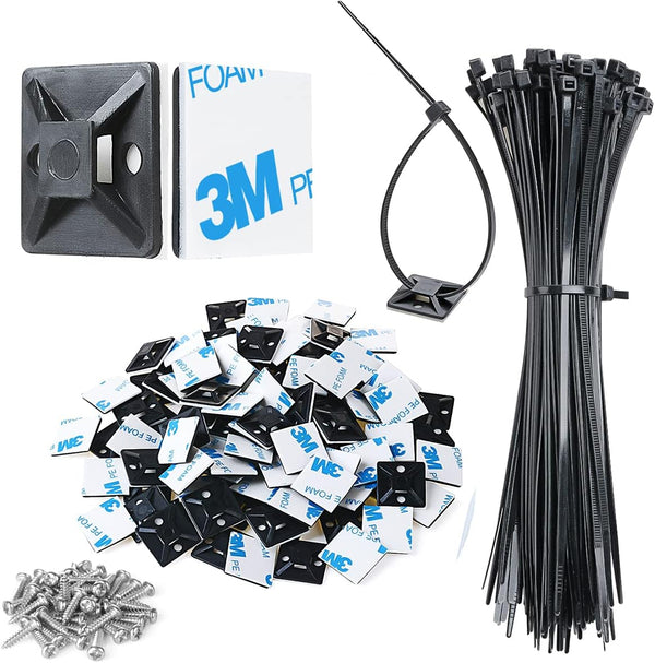 200pcs 3/4" 3M Back-Glue Self Adhesive Black Strong Cable Zip Tie Mounts with 8" Ties, Screws, UV Protection Outdoor
