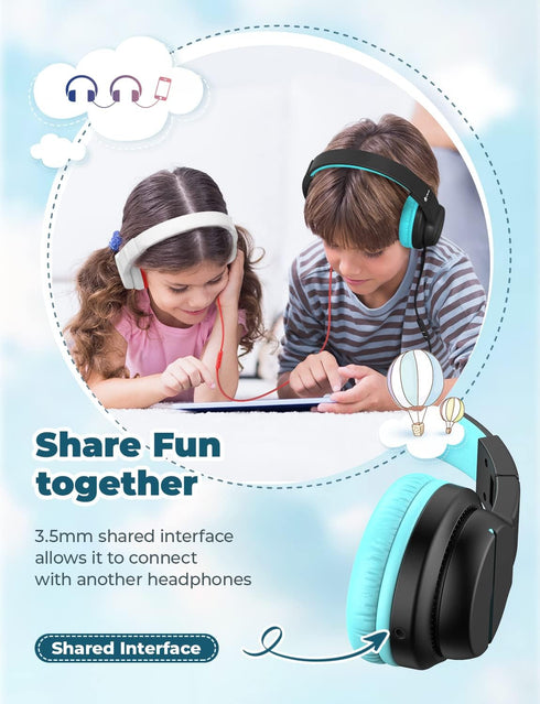 iClever HS19 Kids Headphones - Over-Ear, Volume Limiter 85/94dB, Foldable, Shareport, Wired for iPad/Travel (Black)