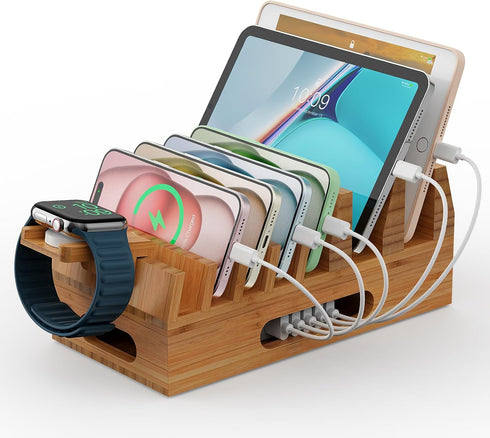 Pezin & Hulin Bamboo Charging Station Organizer for Multiple Devices & Wood Desktop Docking Stand for Cell Phone,