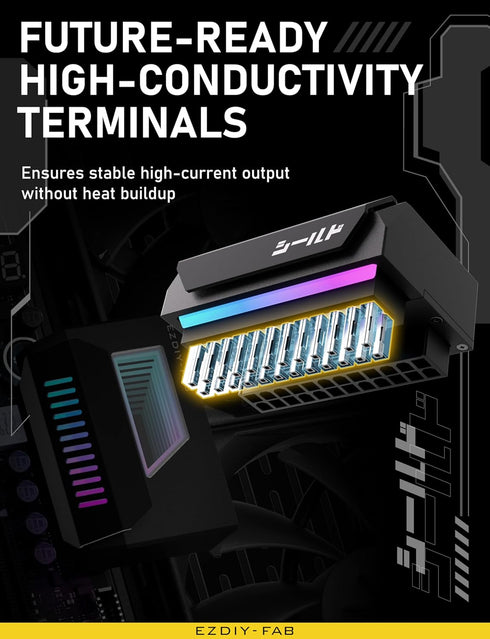 EZDIY-FAB Shield 24-Pin Angle Adapter with Infinity Mirror ARGB Light, ATX 24 Pin Power Connector, 180 Degree-Black