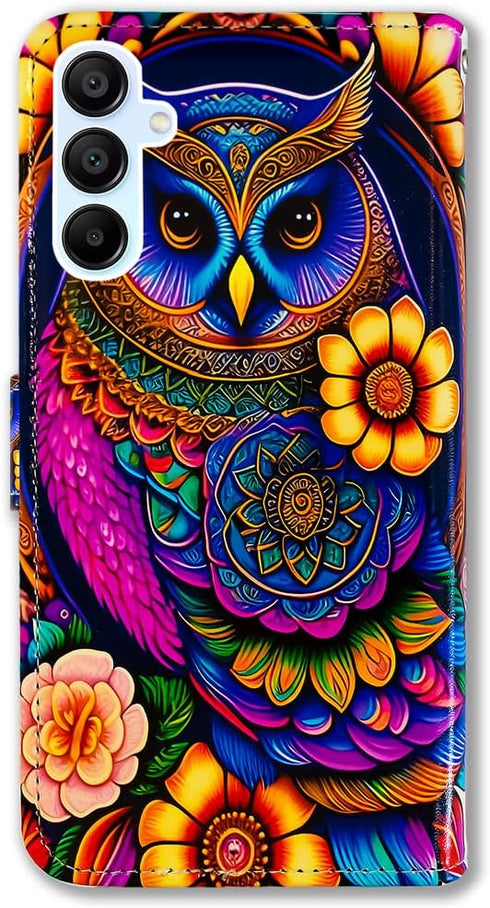 Bcov Galaxy A35 5G Case, Colorful Owl Mandala Flower Leather Flip Wallet Cover with Card Slot & Kickstand