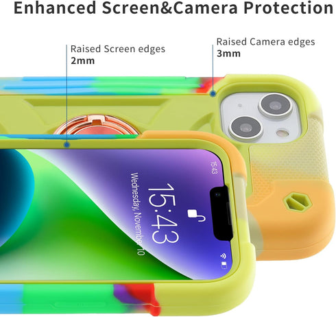 Heavy-Duty Shockproof Case for iPhone 14 Plus 6.7 Inch, with Ring Stand, 2 Pack Glass Screen Protector, Rainbow Green