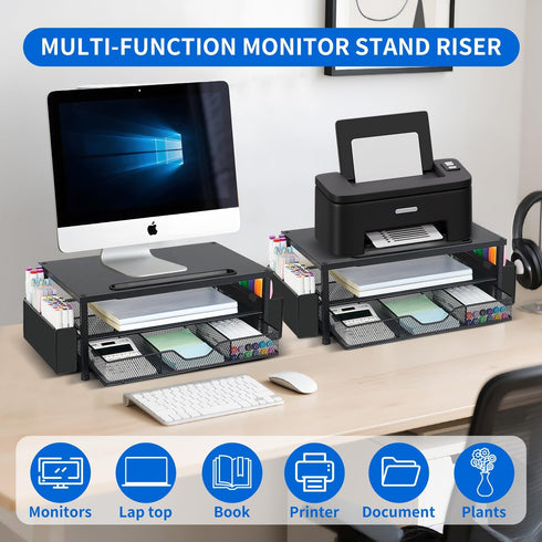 2-Tier AUPSEN Wood Computer Monitor Stand Riser, Black Desk Organizer with Drawer, Pen Storage & Phone Holder Office