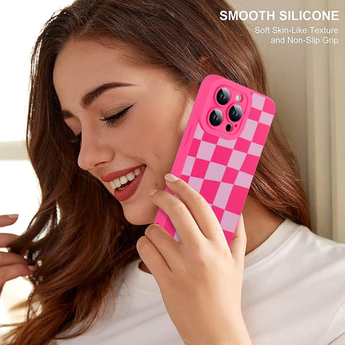 ZIYE Hot Pink Grids Plaid Checkerboard Case for iPhone 14 Pro, Soft TPU Silicone Rubber Protective Cover