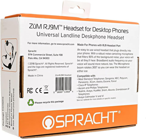 Spracht Zum RJ9 Single Ear Wired Headset for Desktop Phones, Universal Telephone Headsets for Office