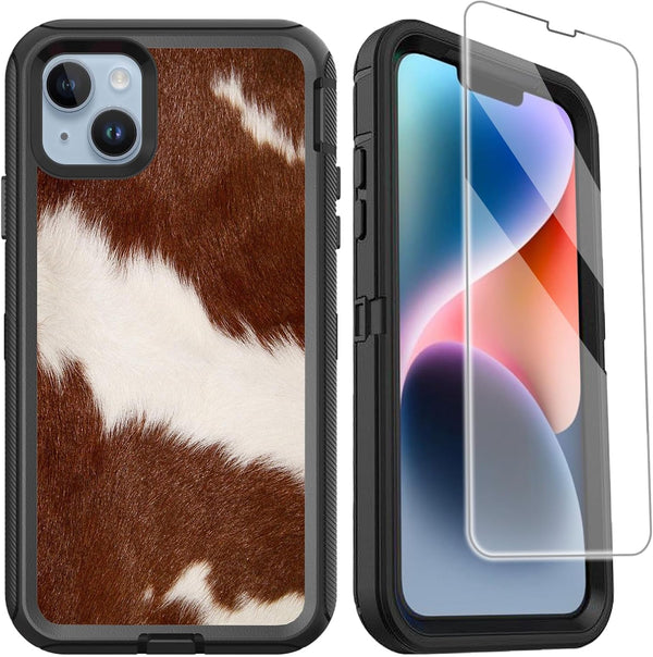 OTTARTAKS Luxury iPhone 14/13 Case - Western Cowhide Print, Heavy Duty Shockproof, Military Grade Protection, Brown.