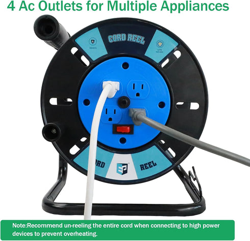 EP Extension Cord Storage Reel with 4-Grounded Outlets, Heavy Duty Open Cord Reel for 12/3 14/3 16/3 Power Cords,