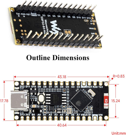 ESP32-S3-Nano Microcontroller Development Board, Pre-Soldered Header, Based on ESP32-S3R8 Chip, 2.4GHz Wi-Fi and