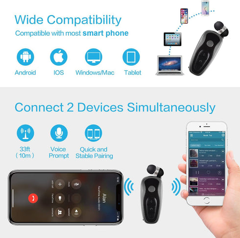 Retractable Wireless Headphone Headset, V5.0 Stereo Earphone, Noise Cancelling Mic, Clip on Earpiece for Sports