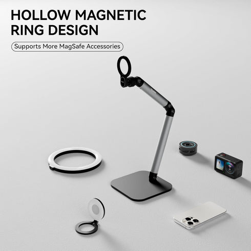 Phone Holder for Desk with Magnetic Design, Tablet Stand for iPad, Heavy Duty Metal Base, 360° Rotation, Height & Angle