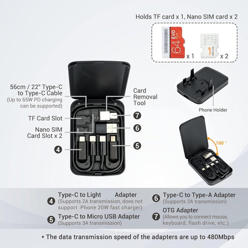 Multi-Functional Compact Cable Card with 22" USB-C Cable & USB-A/Micro-USB/Light/OTG USB Adapter Kit Cable Convertor Storage Box for Traveling Phone Pad Charging PC Computer Data Transfer
