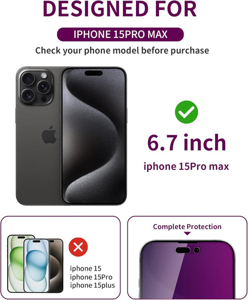 2 Pack Privacy Screen Protector for iPhone 15 Pro Max Tempered Glass for iPhone15 ProMax 6.7inch Private Glass Anti-Spy Anti-Blue Light Eye Protection Anti-Scratch Full Coverage Bubble Free