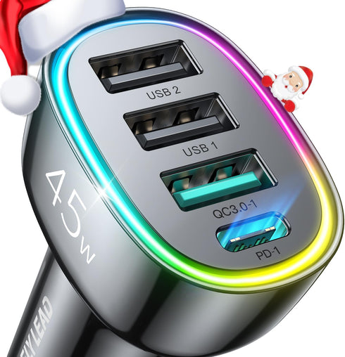 USB C Car Charger, 45W 4 Ports Super Fast Adapter, PD3.0 & QC3.0 30W Type C Charger Compatible with iPhone 15/14/13/12