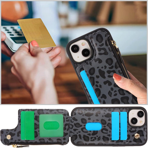 Cavor for iPhone 14 Plus Case with Card Holder - Wallet Case for Women Men, Leather Magnetic Clasp Zipper Pocket Card