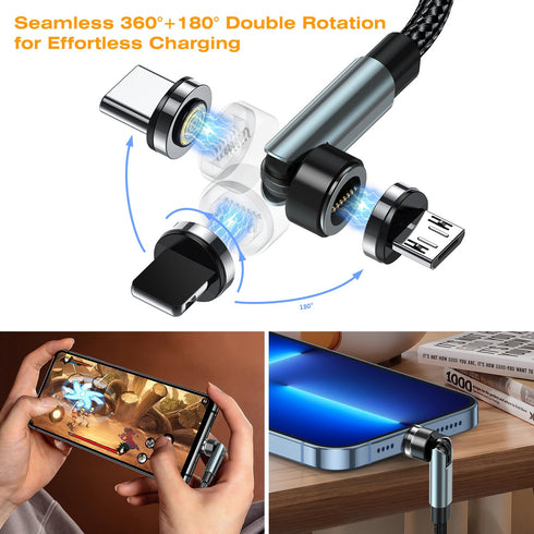 Magnetic Charging Cable 3.3ft 540° Rotating 3 in 1 Charger, 3A Fast Charging USB Data Transfer for Type C/Micro